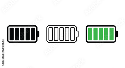 Three battery icons displaying different charge levels full half and low