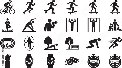 Summer Fitness And Outdoor Sports Activity Vector Icon Set