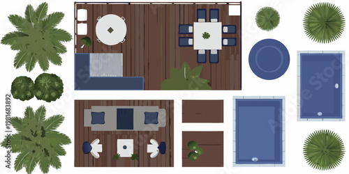 Aerial view of outdoor patio pool and garden furniture arrangement