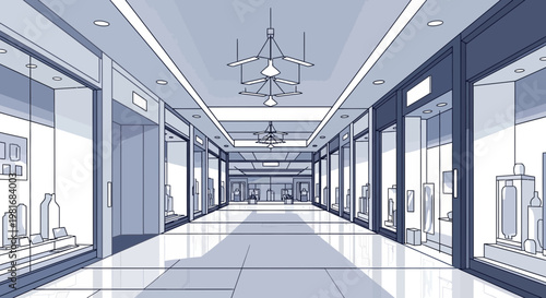 Modern retail arcade with illuminated storefronts and reflective floor, architectural perspective