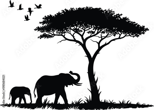 African savanna silhouette with elephants under a tree and birds flying baby elephant