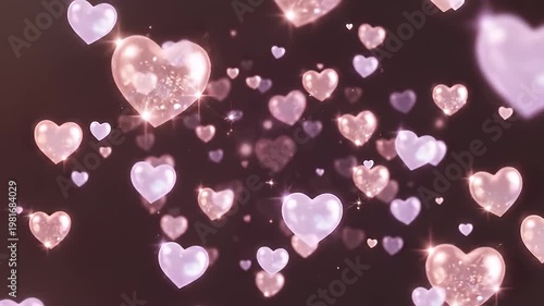 Floating pink and purple shimmering hearts on black background