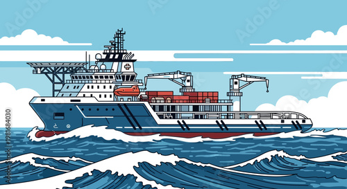 Offshore Supply Vessel Sailing Through Wavy Ocean with Cargo and Helicopter Pad