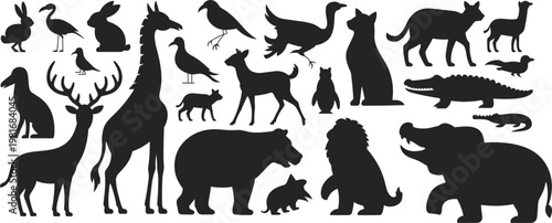 Collection of diverse animal silhouettes on a white background wildlife