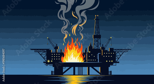 Offshore oil rig on fire at night, burning platform, industrial accident, pollution concept