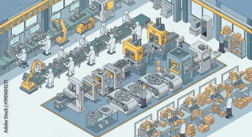 Isometric factory production line with workers and automated machinery, assembly process illustration