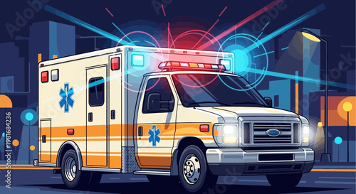Ambulance with flashing lights in a stylized city at night, emergency medical services