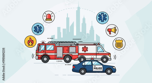 Emergency Services Vehicles and Icons with City Skyline Background - Fire, Police, Ambulance