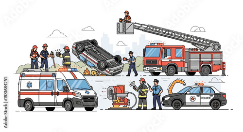 Emergency Services Responding to Car Accident Scene with Ambulance, Fire Truck, Police Car