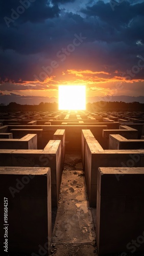 Abstract Landscape with Maze Structure and Sunset Illumination