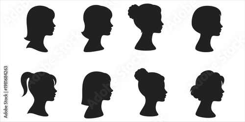 Eight black silhouettes of women's hairstyles and profiles on white background Keywords: silhouette, woman, female, profile, head, hairstyle