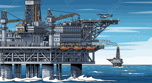 Offshore oil rig complex with helicopter landing, industrial marine platform at sea.