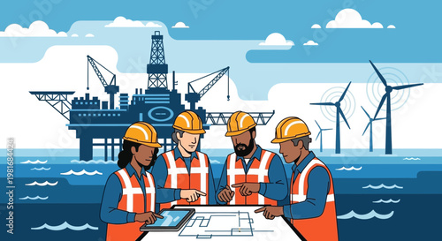 Diverse engineers collaborating on offshore energy project, wind turbines and oil rig background