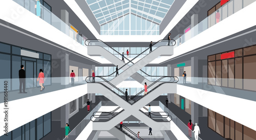 Modern Shopping Mall Interior with Escalators and Shoppers