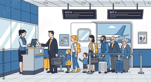 Diverse passengers queuing at airport gate check-in counter with airplane visible