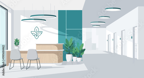 Modern reception area with natural light, minimalist design, plants, and waiting chairs.