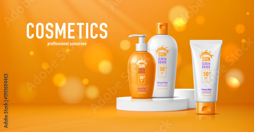 3D podium stage with sunscreen cream cosmetics on pedestal, vector product display. SPF sunscreen lotion and UV sunblock cream cosmetic containers on orange podium with summer sun light bokeh