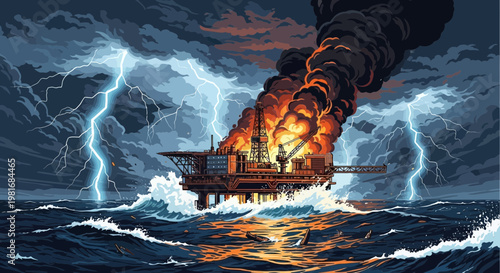 Oil Rig Fire Disaster Amidst Lightning Storm on Raging Seas