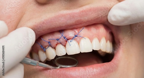 Dental patient with blue sutures on upper gums after periodontal surgery.