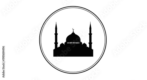 Mosque silhouette icon with dome and minarets, framed in a circle on white. Represents Islamic architecture, prayer, and religion.