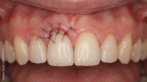 Dental surgery sutures on gums after periodontal procedure.