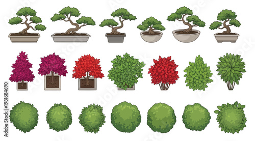 A vibrant collection of bonsai trees and shrubs in various pots and colors