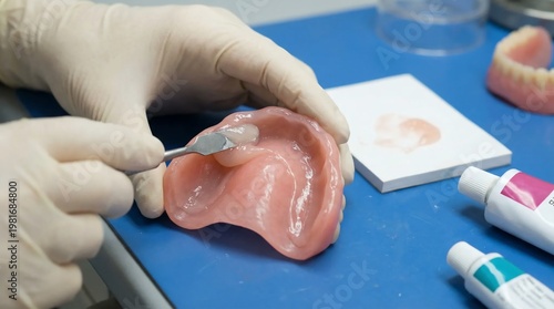 Dental technician applying adhesive cream to a pink acrylic denture prosthetic in a laboratory.
