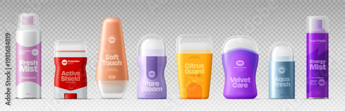 Realistic 3d deodorant package mockup. Vector set of antiperspirants and body spray packaging in vibrant colors. Sticks and roll ons, labeled for freshness, daily protection, and sensitive skin care