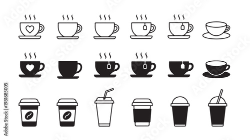 Coffee Cup Icons, Vector Coffee Mugs, Tea Cups, and Takeout Containers
