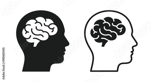 Two human head silhouettes displaying brain imagery one solid and one outlined