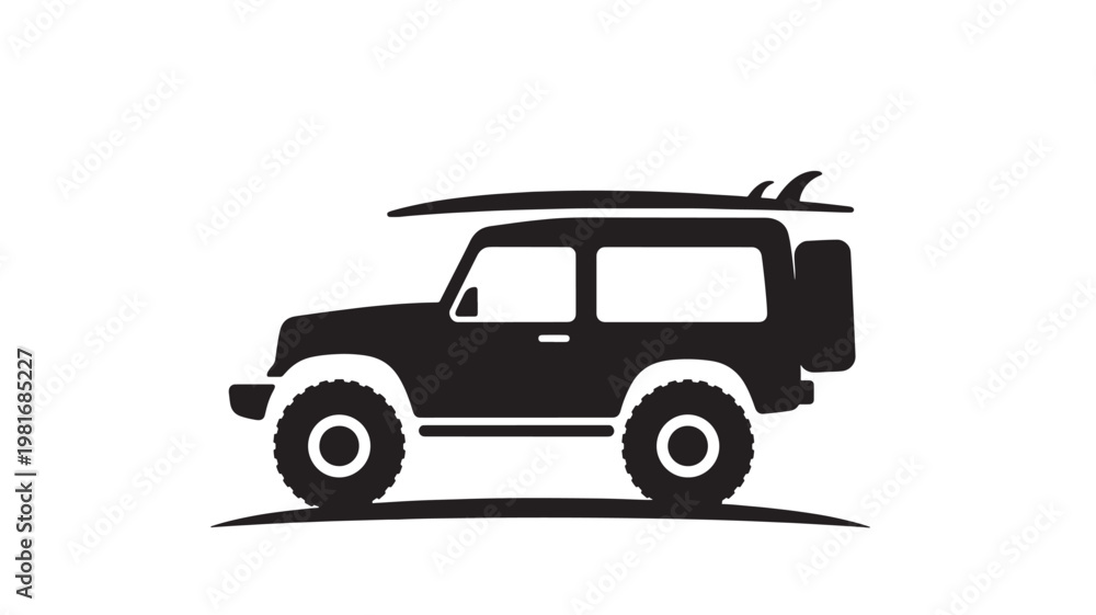 Obraz premium Car pickup truck silhouette icon with wheels and cab lines for transportation and vehicle branding featuring tire treads, van, SUV with road travel