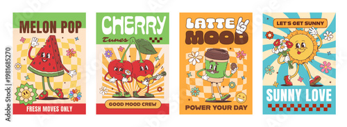 Hippie groovy food characters on posters with funny fruits, cartoon retro vector set. Groovy posters, hippie sun and funky coffee cup, watermelon character with smile on face and cherry play guitar