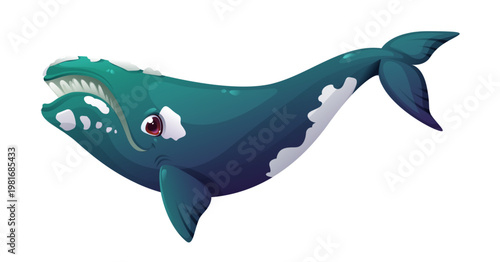 Cartoon right whale character. Marine mammal cute character, ocean fauna and wildlife big animal funny vector cartoon personage. Oceanarium underwater life whale specie cheerful isolated mascot