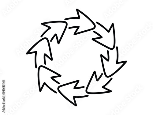A circular arrangement of six arrows pointing in a clockwise direction forming a cycle  arrows are outlined in black