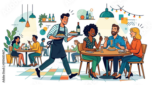 Waiter serving food to people.