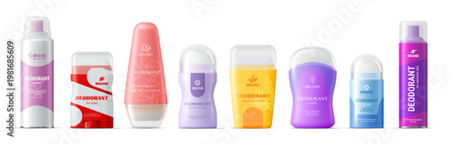 Deodorant package realistic 3d mockup. Vector set of antiperspirants and body spray packaging in vibrant colors. Sticks and rolls for daily hygiene protection, freshness and sensitive skin care