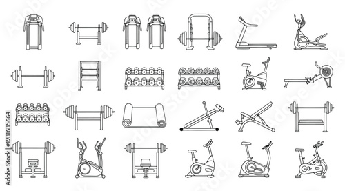 Collection of various gym equipment illustrations including treadmills, dumbbells, exercise bikes, and weight racks