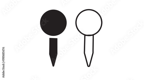 Push pin icons set with black and white circular heads and pointed stems for office organization featuring pushpin, thumbtack, bulletin board with