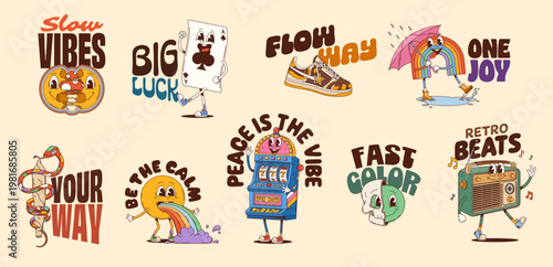 Retro hippie Y2K groovy characters stickers with funny smiles, cartoon vector. Y2K groovy stickers with emoji vomiting rainbow, psychedelic mushroom with retro radio and gamble card character