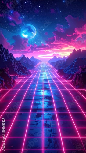 Futuristic Landscape with Neon Grid and Celestial Elements