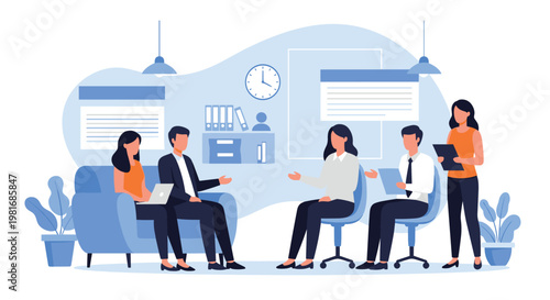 Business professionals having a collaborative meeting in a modern office lounge area with sofas and digital presentation screens.