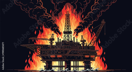 Offshore oil rig engulfed in flames, disaster at sea, energy crisis concept