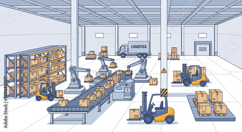 Automated warehouse with robots, forklifts, conveyor belts, and logistics truck.