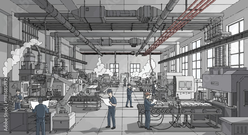 Industrial Factory Interior with Robotic Arms and Workers, Modern Manufacturing