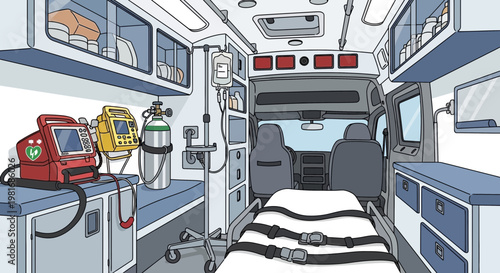 Inside view of an empty ambulance interior with medical equipment and stretcher.