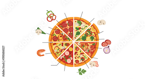 Pizza cut into various slices with individual ingredients like mushrooms, shrimp, pepperoni, and onions displayed around the crust edges.