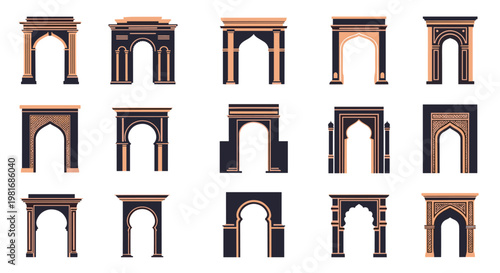 Set of diverse architectural arches and gateways featuring different styles and intricate details from various cultural heritages.