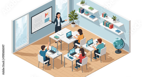 Modern Classroom Learning: Teacher Instructs Students Using Laptops and Whiteboard