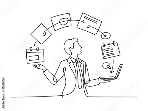 Businessman multitasking with laptop and various office documents in a simple line drawing style  managing tasks and schedules