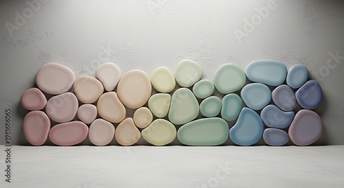 A gradient of smooth, rounded pastel ceramic shapes arranged in a flowing organic pattern against a light textured background